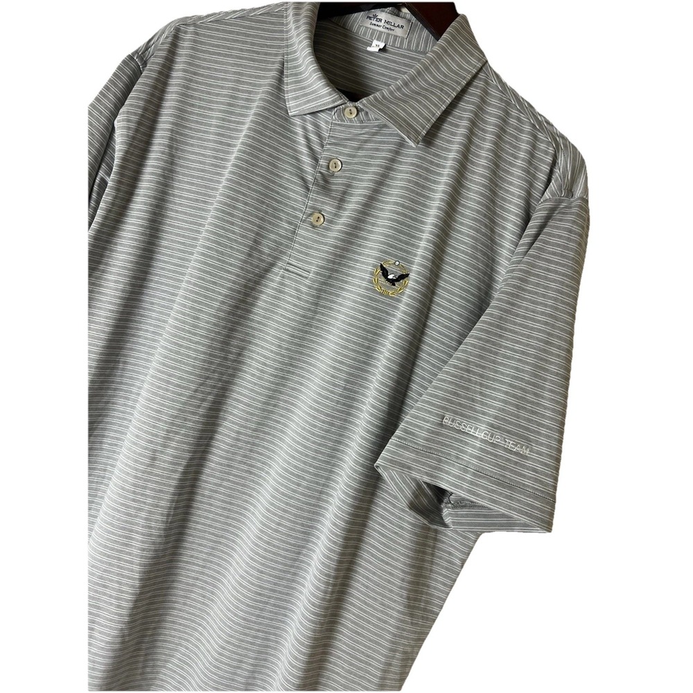 Peter Millar Summer Comfort Mens XL Grey Striped Golf Polo Russell Cup Team Logo